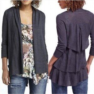 Anthropologie Linen Ruffle Back Tiered Open Cardigan Navy Blue Size XS Boho Knit